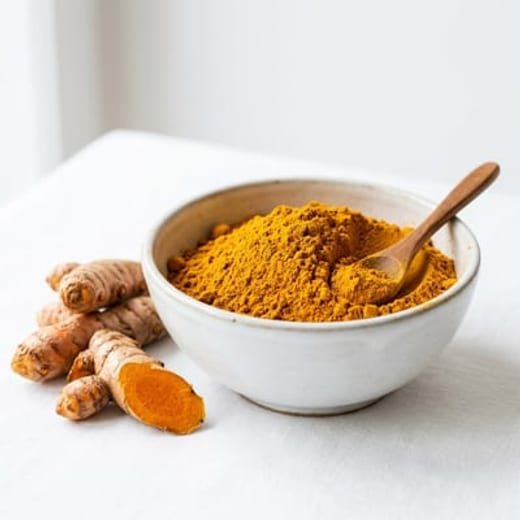 Raíz y polvo de cúrcuma (Curcuma longa), rica en curcumina